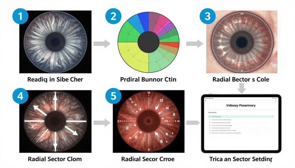 Step-by-step visual guide showing how to systematically read an iridology chart with numbered steps
