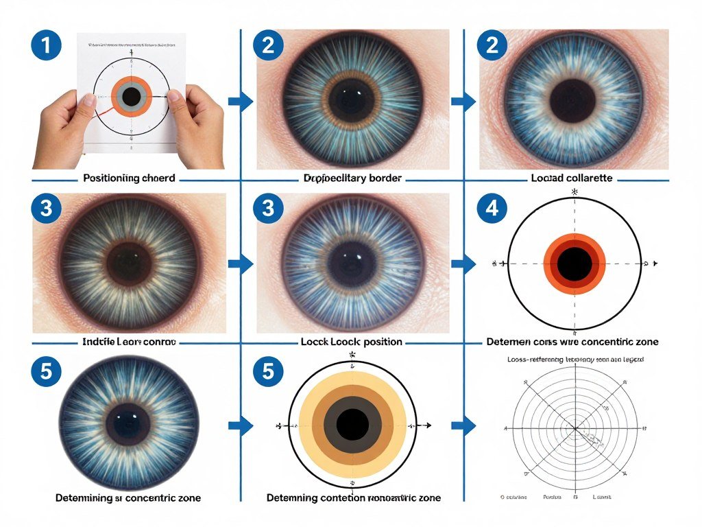 Step-by-step visual guide showing iridology chart reading process