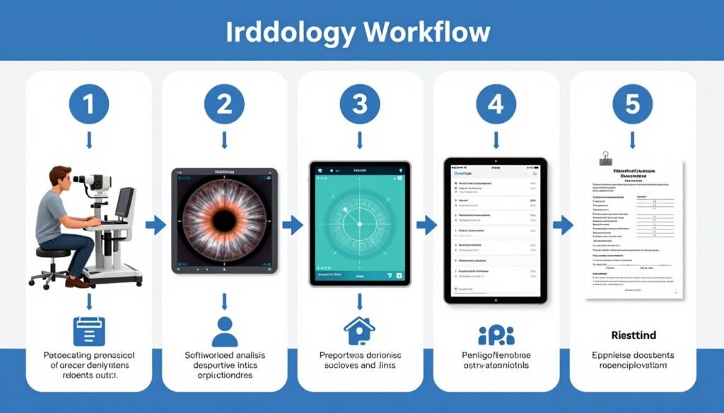 Step-by-step workflow diagram showing iris photography process from patient positioning to final report generation Step-by-step workflow diagram showing iris photography process from patient positioning to final report generation