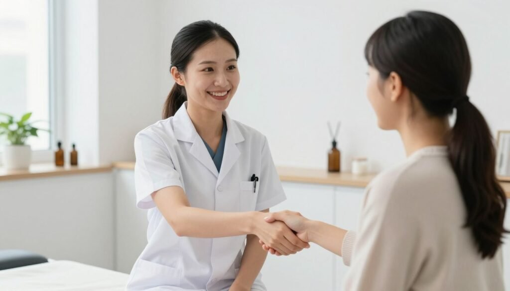 Successful iridology practitioner with satisfied client