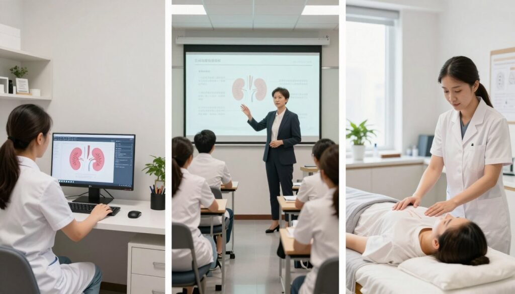 Three different professional settings showing iridology kidney chart usage in clinic, training room, and wellness spa