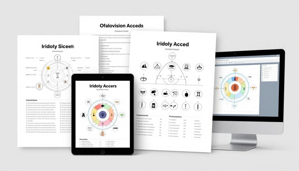 Various iridology chart formats including digital, printable PDF, and software versions