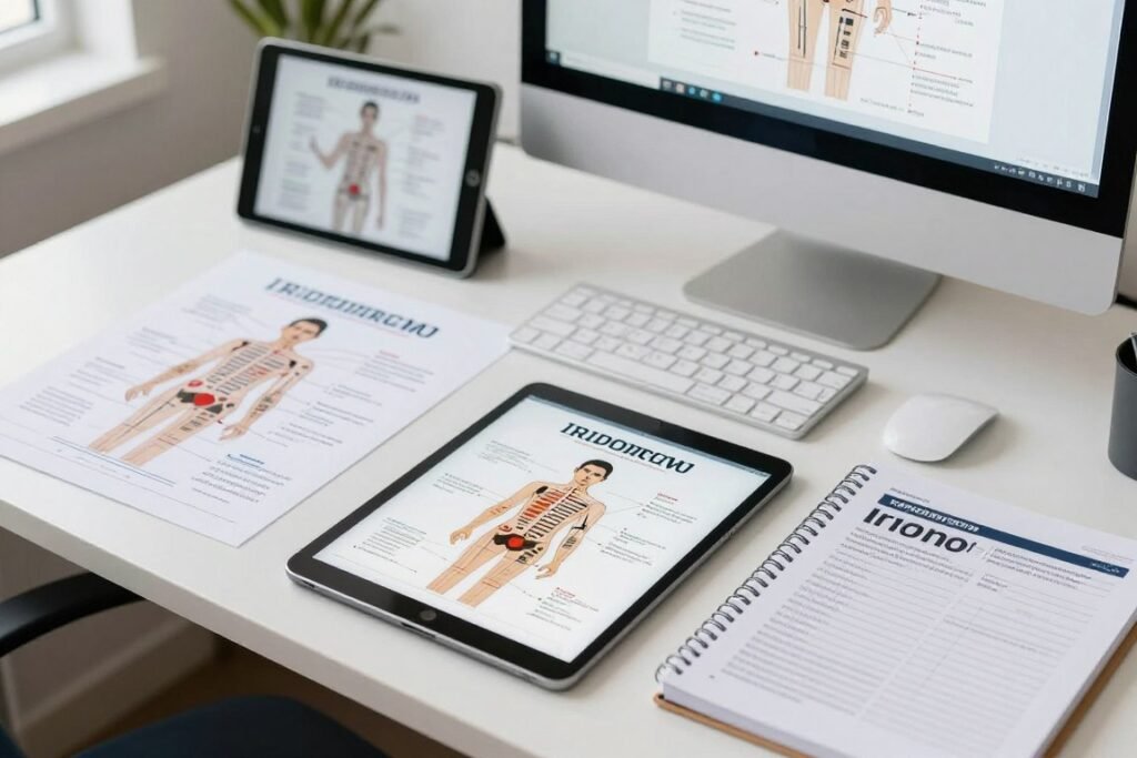 Various iridology chart formats including printed posters, digital displays, and software-integrated versions