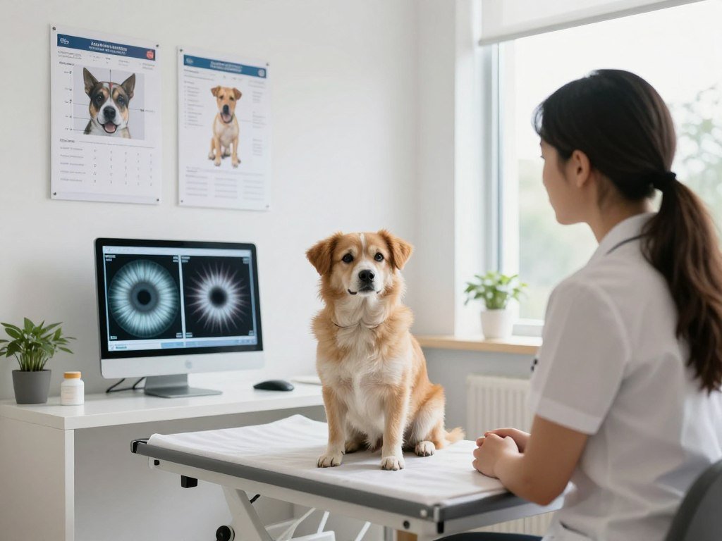 Veterinary professional using iridology chart during animal wellness consultation