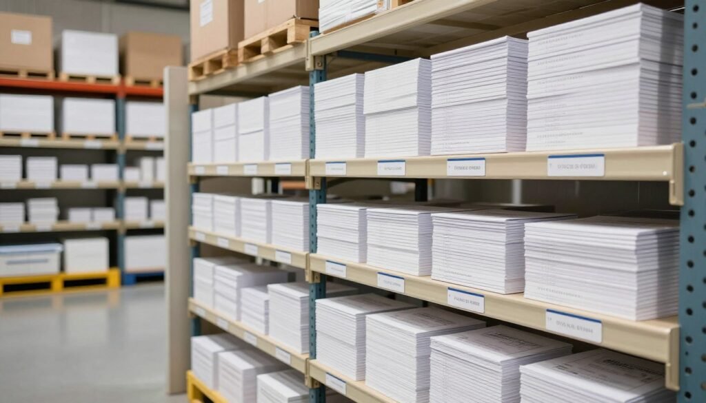 Warehouse inventory of packaged iridology charts ready for wholesale distribution
