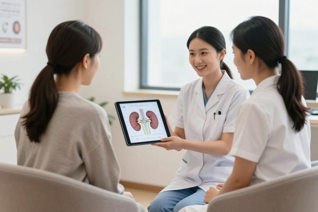 Wellness practitioner showing kidney chart to client on tablet screen during consultation in professional office setting