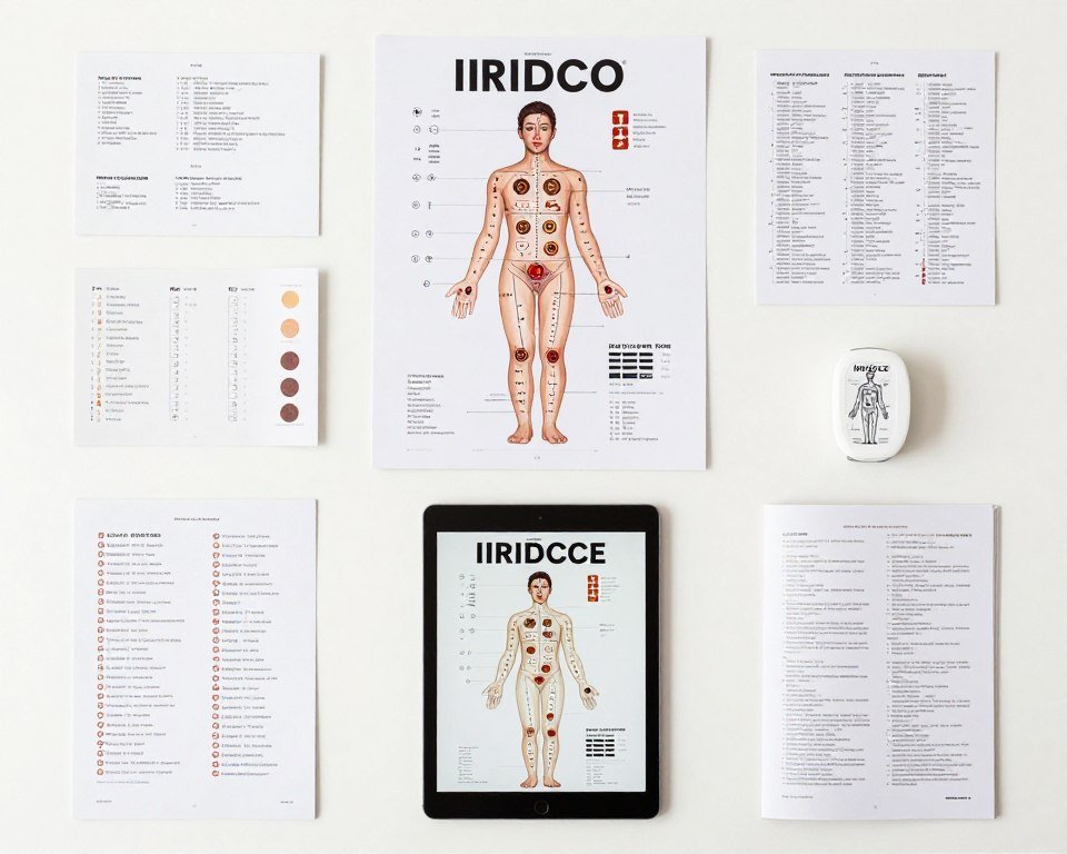 collection of different dr pesek iridology chart formats including poster, laminated, and digital versions