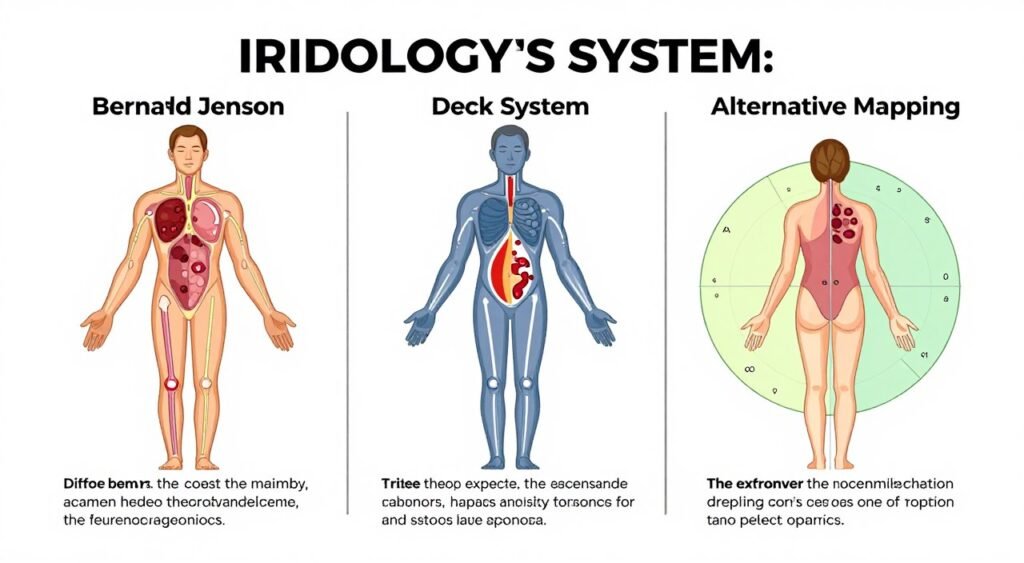 comparison chart showing three different iridology mapping systems side by side
