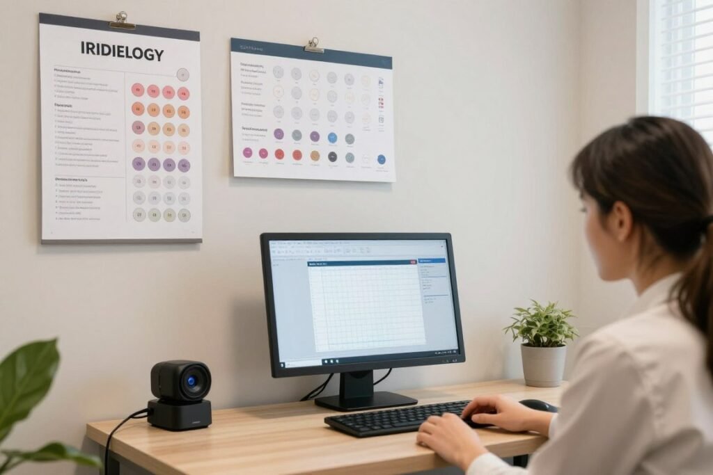 comprehensive iridology practice setup showing charts, camera, and practitioner consultation