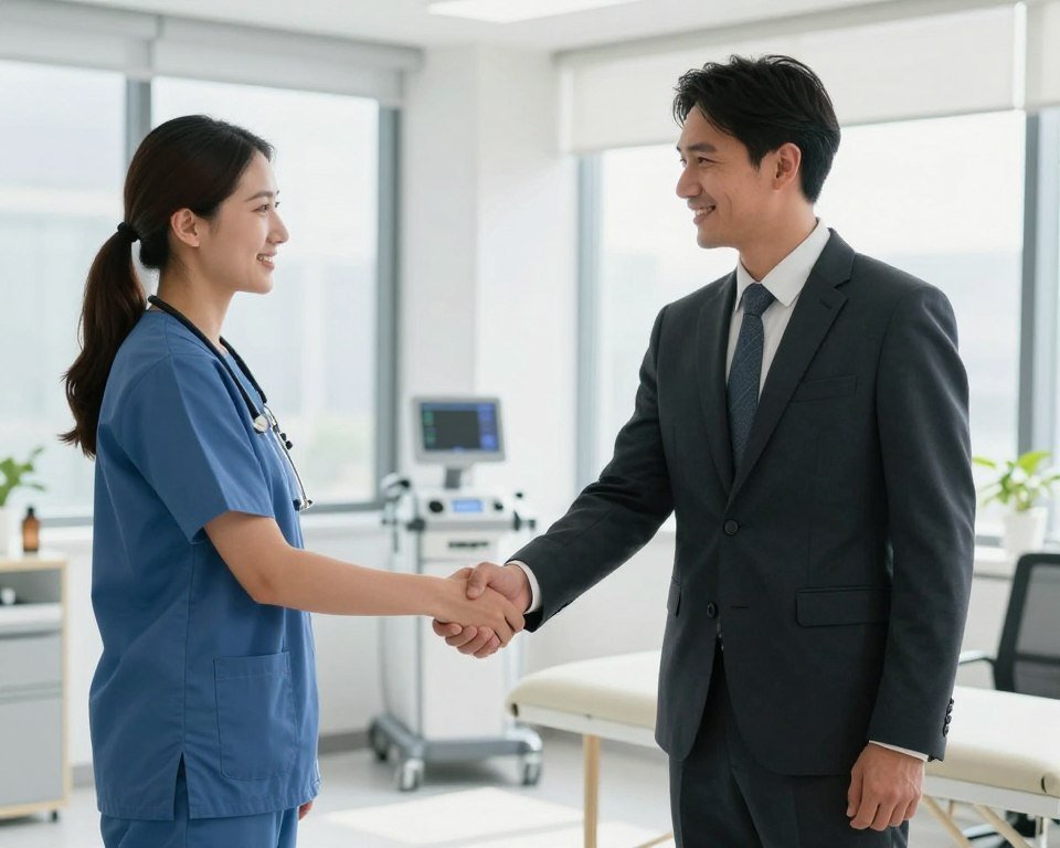 handshake between practitioner and equipment supplier representing professional partnership