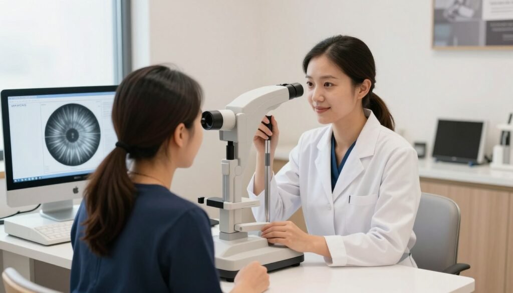 iridology practitioner confidently working with client using professional equipment