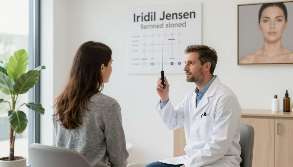 iridology practitioner using bernard jensen chart in wellness clinic