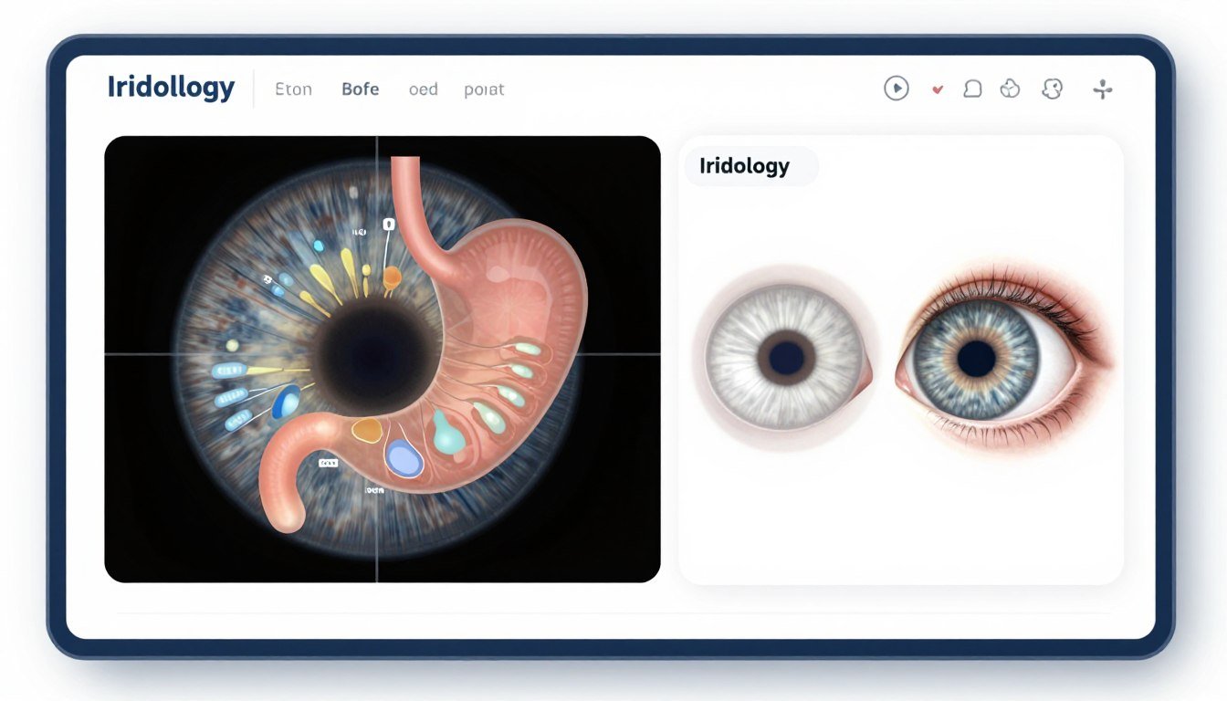 iridology stomach chart software interface showing digestive system mapping