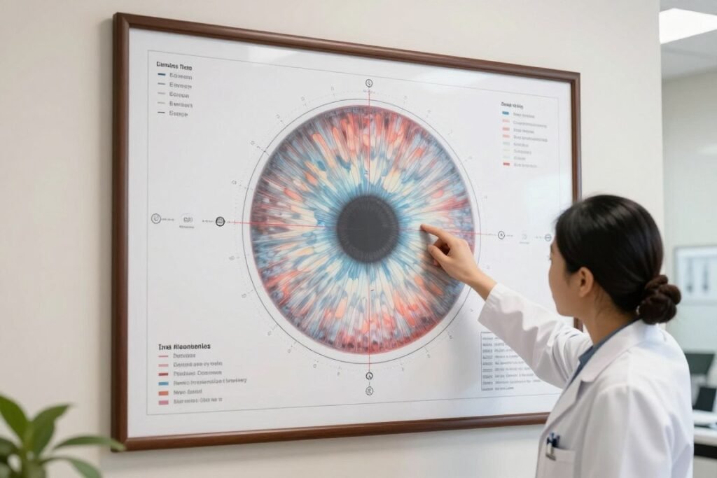 laminated wall chart showing full iridology mapping in professional clinic setting