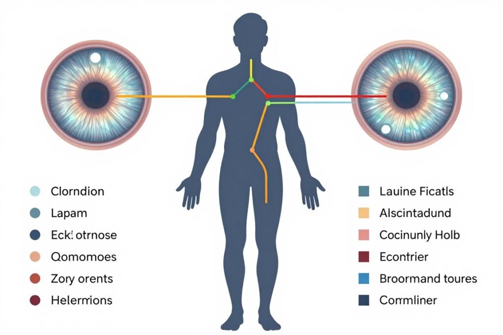 medical diagram showing organ distribution between left and right eye iridology charts