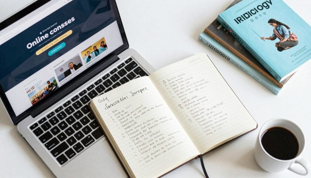 person planning iridology education with notebook and laptop