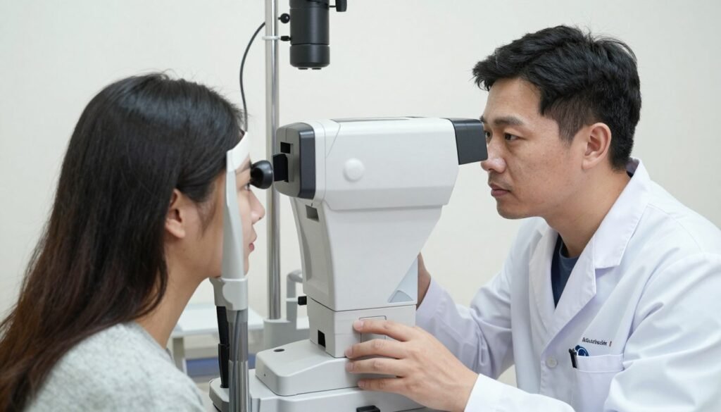 practitioner examining patient's left eye with modern iridology camera equipment