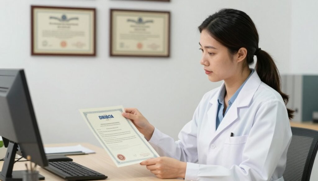 professional naturopathic doctor reviewing iridology certification documents and credentials