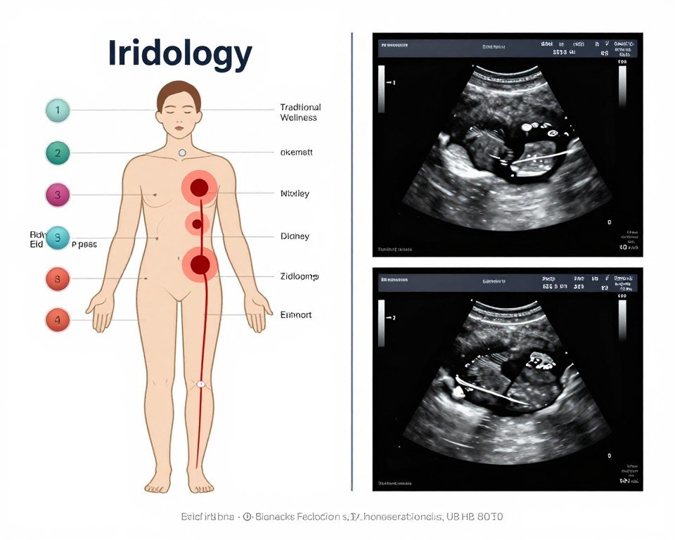 side by side comparison showing iridology chart next to ultrasound image with clear separation