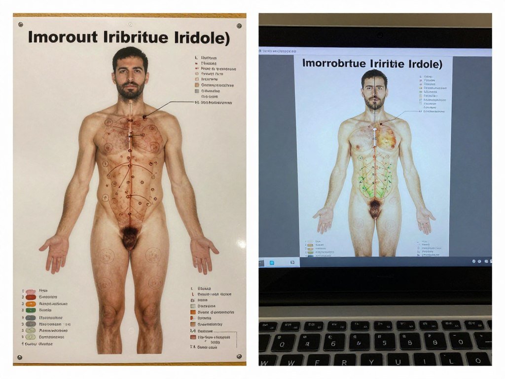 split screen showing same iridology chart in printed and digital formats