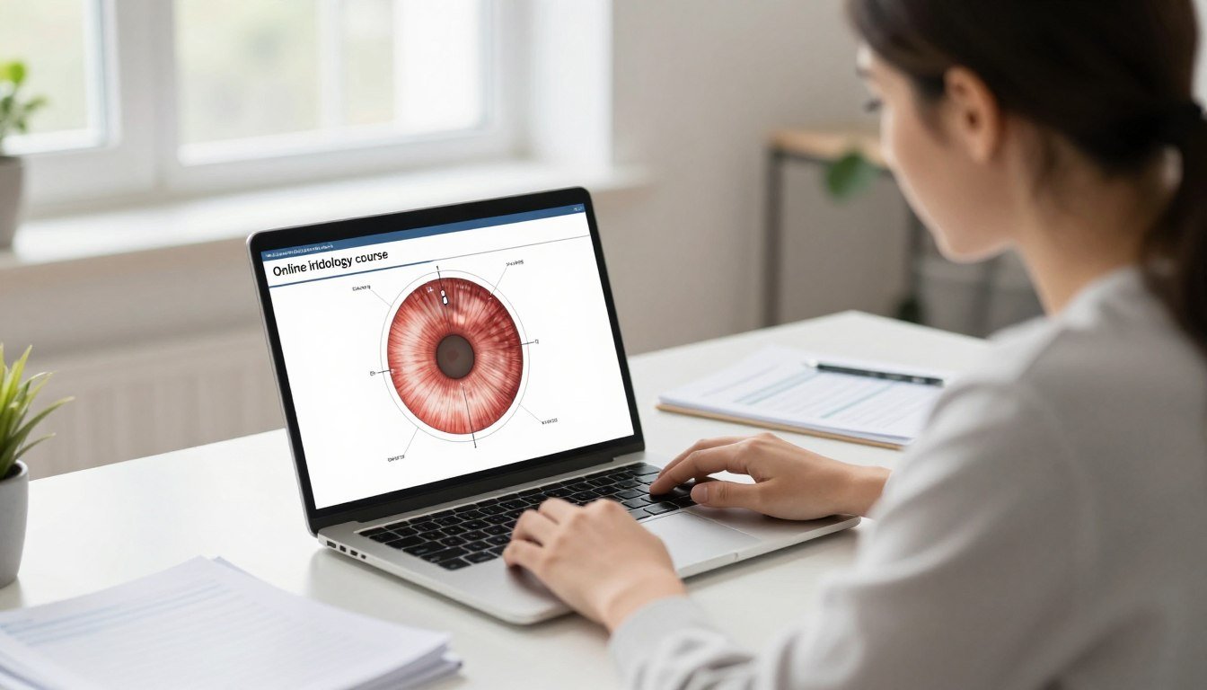 student studying online iridology course on laptop with iris chart visible on screen
