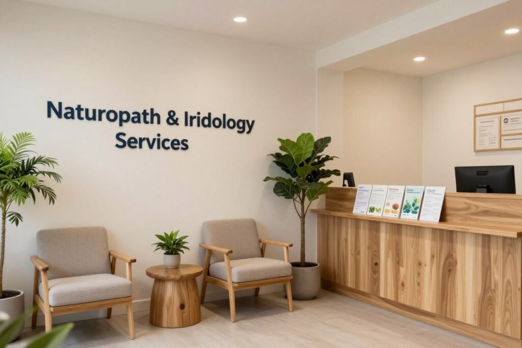 wellness clinic waiting room with naturopath and iridology signage wellness clinic waiting room with naturopath and iridology signage