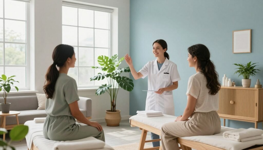 wellness professional conducting iridology consultation with client in modern holistic health center