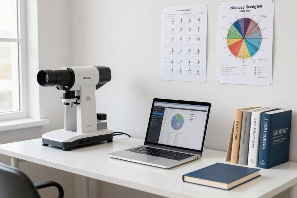Complete iridology practice setup showing camera, software, charts and training materials Complete iridology practice setup showing camera, software, charts and training materials