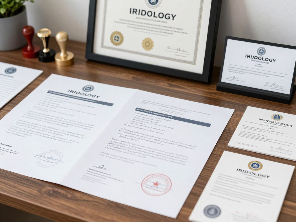 Iridology certification documents and credentials displayed on desk Iridology certification documents and credentials displayed on desk