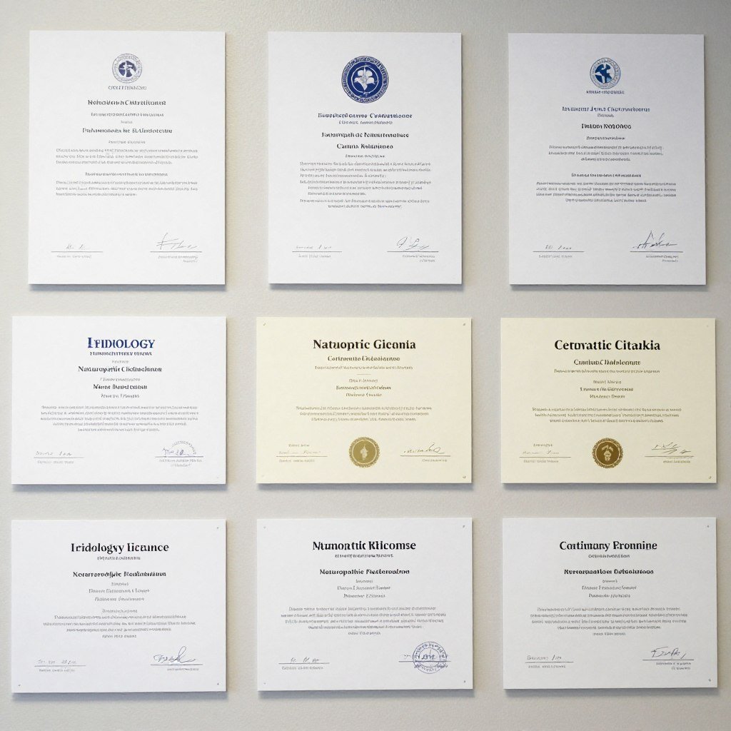 Professional certification documents and credentials for holistic iridology