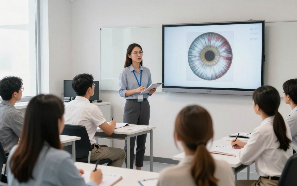 Professional iridology instructor teaching students in certified training facility Professional iridology instructor teaching students in certified training facility