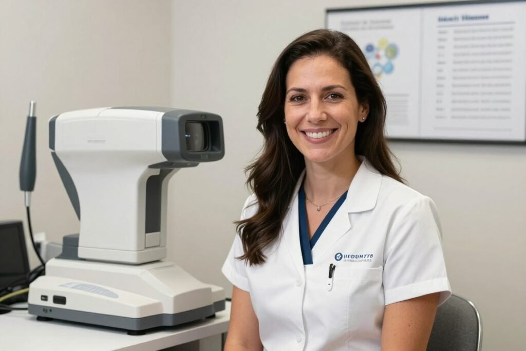 Successful iridology practitioner in professional wellness office serving clients Successful iridology practitioner in professional wellness office serving clients