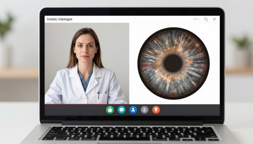 Telehealth iridology consultation on laptop screen