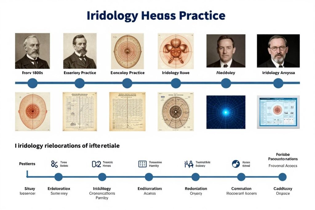 Timeline showing evolution of iridology understanding from historical to modern Timeline showing evolution of iridology understanding from historical to modern
